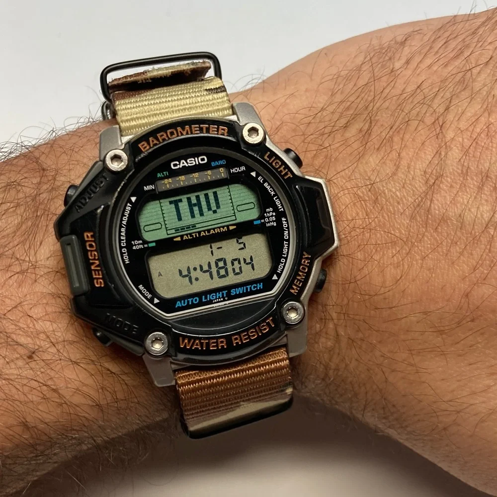 Casio PRT-20 Vintage digital watch, new battery, light works, desert camo nato